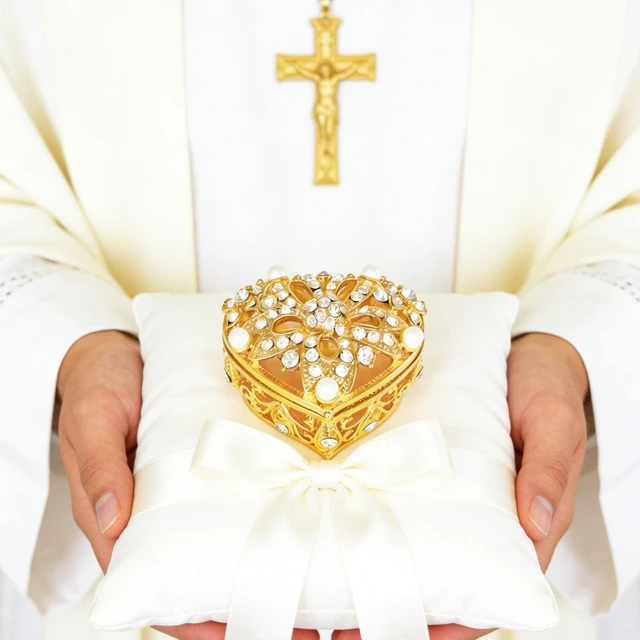Alt view image 3 of 7 - Wedding Arras Coins Set, Arras Para Boda Catolica | Arras for Wedding Ceremony, Gold Rhinestone Heart Box with 13 Virgen of Guadalupe Coins, Wedding Accessories for Ceremony