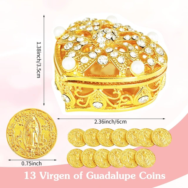 Alt view image 2 of 7 - Wedding Arras Coins Set, Arras Para Boda Catolica | Arras for Wedding Ceremony, Gold Rhinestone Heart Box with 13 Virgen of Guadalupe Coins, Wedding Accessories for Ceremony