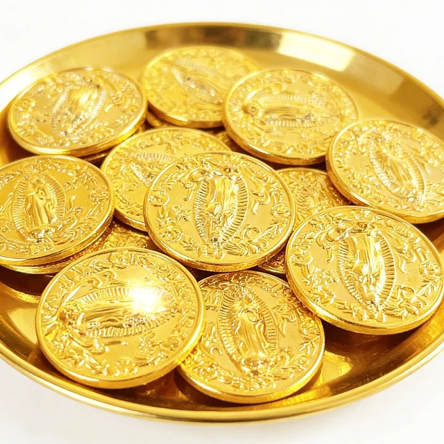 Alt view image 4 of 7 - Wedding Arras Coins Set, Arras Para Boda Catolica | Arras for Wedding Ceremony, Gold Rhinestone Heart Box with 13 Virgen of Guadalupe Coins, Wedding Accessories for Ceremony