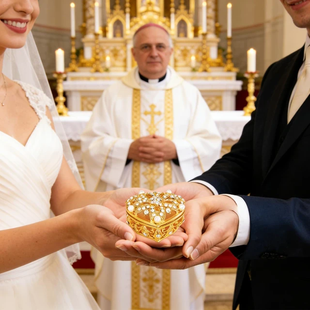 Alt view image 5 of 7 - Wedding Arras Coins Set, Arras Para Boda Catolica | Arras for Wedding Ceremony, Gold Rhinestone Heart Box with 13 Virgen of Guadalupe Coins, Wedding Accessories for Ceremony