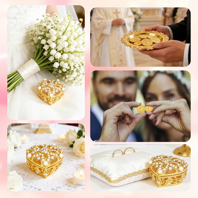 Alt view image 7 of 7 - Wedding Arras Coins Set, Arras Para Boda Catolica | Arras for Wedding Ceremony, Gold Rhinestone Heart Box with 13 Virgen of Guadalupe Coins, Wedding Accessories for Ceremony