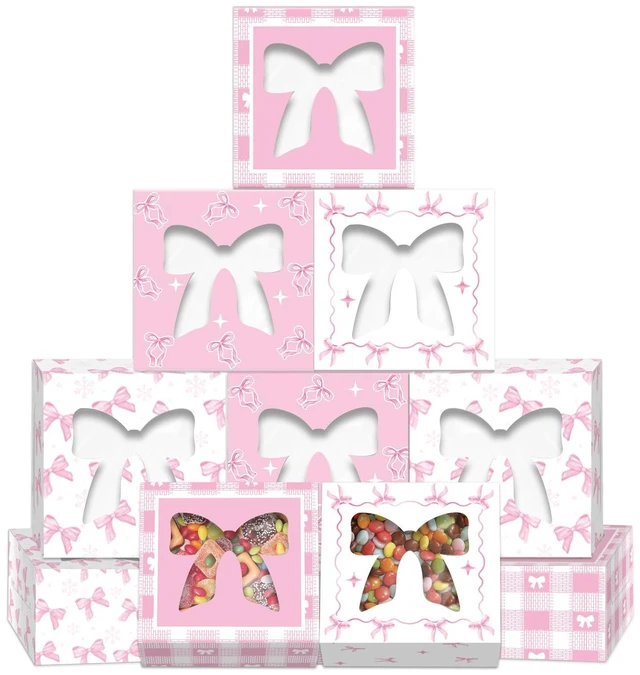 Main image of 12 Pack 4x4x2.6 Inches Pink Ribbon Bow Treat Boxes with Window, Plaid Kraft Cardboard Candy Cupcake Dessert Gift Boxes for Girl's Birthday, Baby Shower, Wedding, Coquette-Style Party Favors