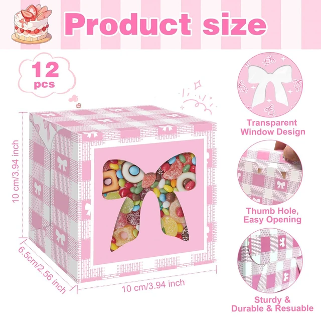 Alt view image 2 of 7 - 12 Pack 4x4x2.6 Inches Pink Ribbon Bow Treat Boxes with Window, Plaid Kraft Cardboard Candy Cupcake Dessert Gift Boxes for Girl's Birthday, Baby Shower, Wedding, Coquette-Style Party Favors