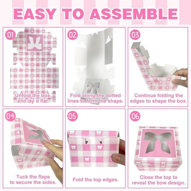 Alt view image 3 of 7 - 12 Pack 4x4x2.6 Inches Pink Ribbon Bow Treat Boxes with Window, Plaid Kraft Cardboard Candy Cupcake Dessert Gift Boxes for Girl's Birthday, Baby Shower, Wedding, Coquette-Style Party Favors