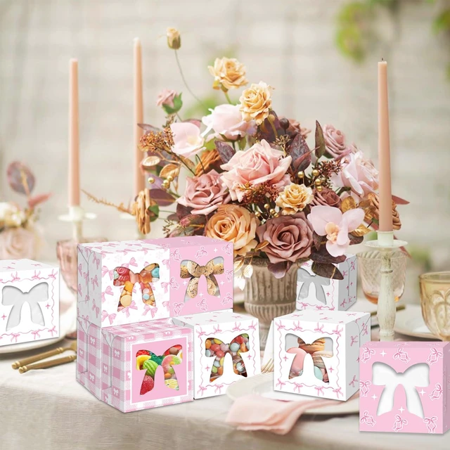 Alt view image 4 of 7 - 12 Pack 4x4x2.6 Inches Pink Ribbon Bow Treat Boxes with Window, Plaid Kraft Cardboard Candy Cupcake Dessert Gift Boxes for Girl's Birthday, Baby Shower, Wedding, Coquette-Style Party Favors