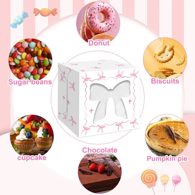 Alt view image 5 of 7 - 12 Pack 4x4x2.6 Inches Pink Ribbon Bow Treat Boxes with Window, Plaid Kraft Cardboard Candy Cupcake Dessert Gift Boxes for Girl's Birthday, Baby Shower, Wedding, Coquette-Style Party Favors