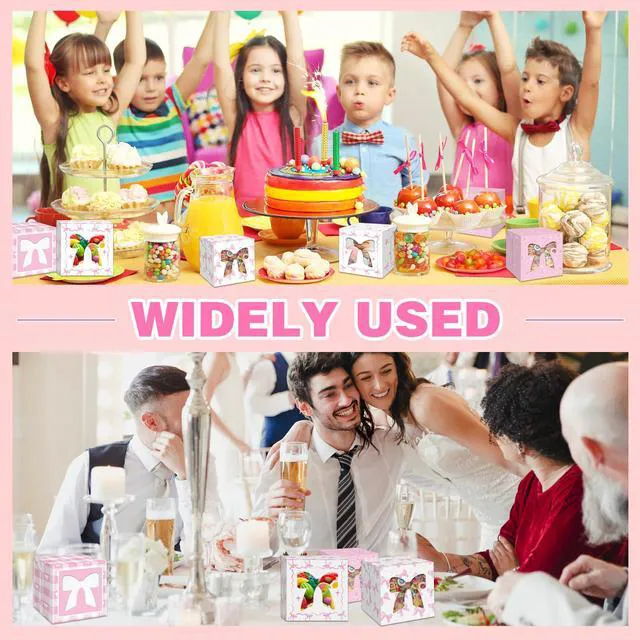 Alt view image 7 of 7 - 12 Pack 4x4x2.6 Inches Pink Ribbon Bow Treat Boxes with Window, Plaid Kraft Cardboard Candy Cupcake Dessert Gift Boxes for Girl's Birthday, Baby Shower, Wedding, Coquette-Style Party Favors