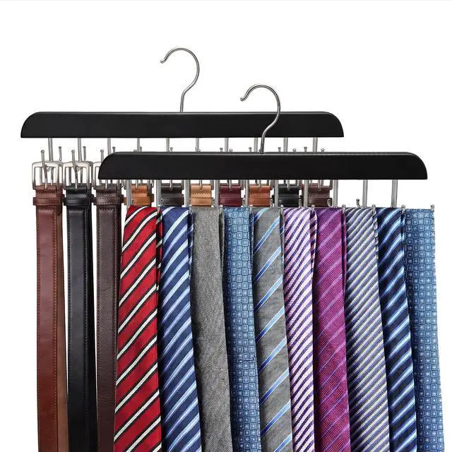 Main image of 2 Pack Tie Rack and Belt Hanger 40 Hooks 360 Swivel Foldable Wooden Closet Rod Organizer Space Saving for Ties Belts Hats Bras Tank Tops Black