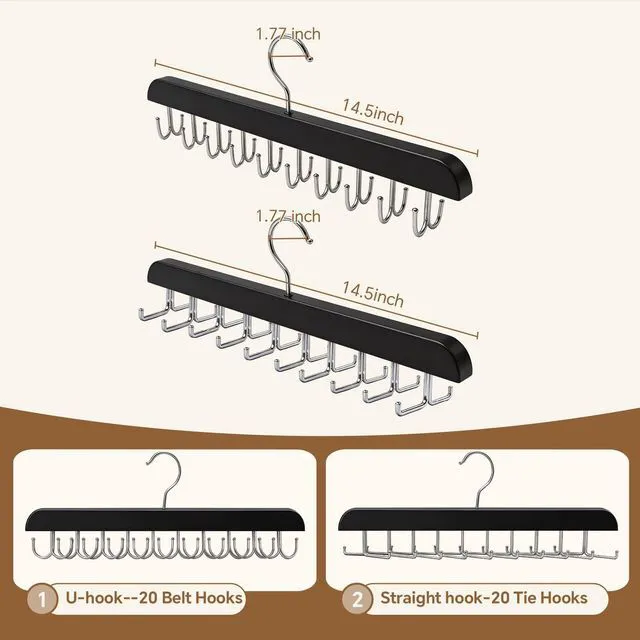 Alt view image 2 of 7 - 2 Pack Tie Rack and Belt Hanger 40 Hooks 360 Swivel Foldable Wooden Closet Rod Organizer Space Saving for Ties Belts Hats Bras Tank Tops Black