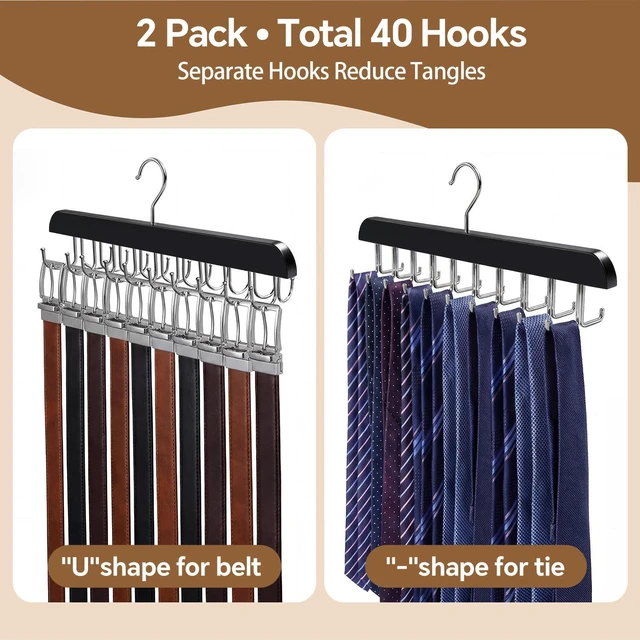 Alt view image 4 of 7 - 2 Pack Tie Rack and Belt Hanger 40 Hooks 360 Swivel Foldable Wooden Closet Rod Organizer Space Saving for Ties Belts Hats Bras Tank Tops Black