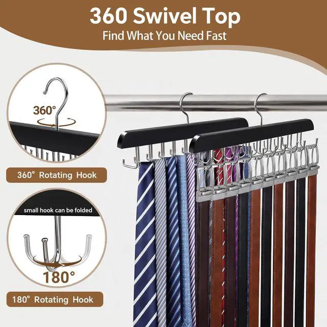 Alt view image 5 of 7 - 2 Pack Tie Rack and Belt Hanger 40 Hooks 360 Swivel Foldable Wooden Closet Rod Organizer Space Saving for Ties Belts Hats Bras Tank Tops Black