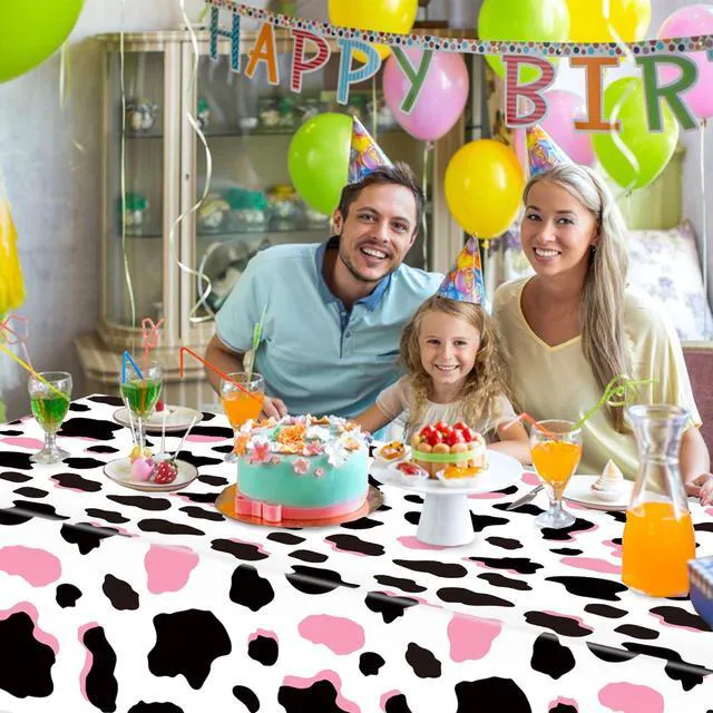 Alt view image 7 of 7 - 3 Pack Pink Cow Print Tablecloth - Cow Birthday Party Table Cloth Cow Print Table Cover for Disco Pink Cowgirl Birthday Decorations Supplies, 108 x 54 Inch