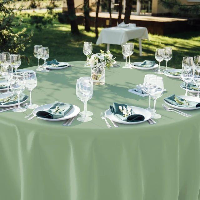 Alt view image 5 of 7 - 1Pcs Sage Green Plastic Tablecloths Round Light Green Tablecloth Waterproof Disposable Round Sage Table Cover for Birthday Bridal Wedding Baby Shower Party Decorations,84Inch