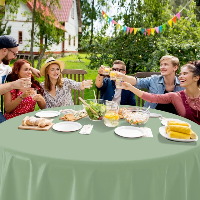 Alt view image 6 of 7 - 1Pcs Sage Green Plastic Tablecloths Round Light Green Tablecloth Waterproof Disposable Round Sage Table Cover for Birthday Bridal Wedding Baby Shower Party Decorations,84Inch