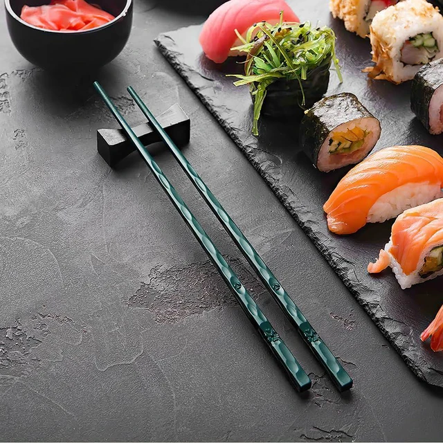 Alt view image 4 of 6 - 5 Pairs Fiberglass Chopsticks, Dishwasher Safe | Reusable Chopsticks, Non Slip Japanese Style Chop Sticks, 9.5 Inch - Green