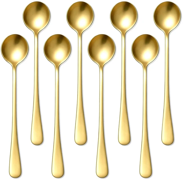 Main image of Gold Espresso Spoons Set of 8, Long Handle Coffee Spoons for Coffee Bar | Stainless Steel Dessert Spoons, Gold Tea Spoons for Ice Cream, Yogurt, Demitasse | Mirror Polished Round Bowl Design