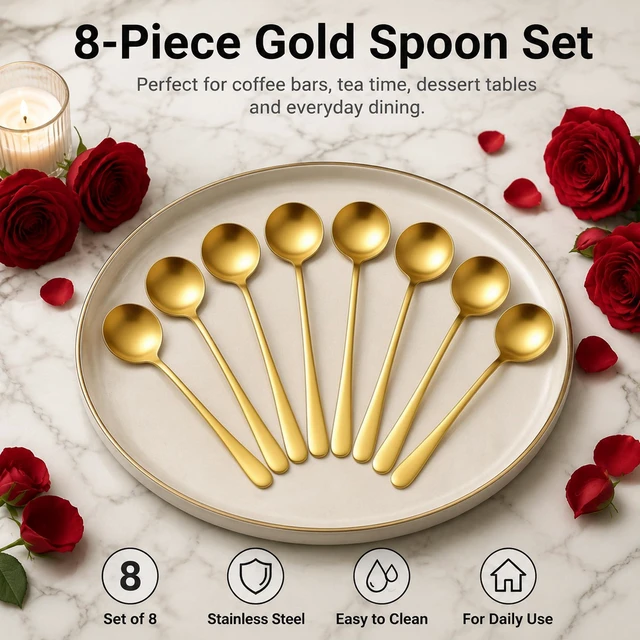 Alt view image 3 of 7 - Gold Espresso Spoons Set of 8, Long Handle Coffee Spoons for Coffee Bar | Stainless Steel Dessert Spoons, Gold Tea Spoons for Ice Cream, Yogurt, Demitasse | Mirror Polished Round Bowl Design