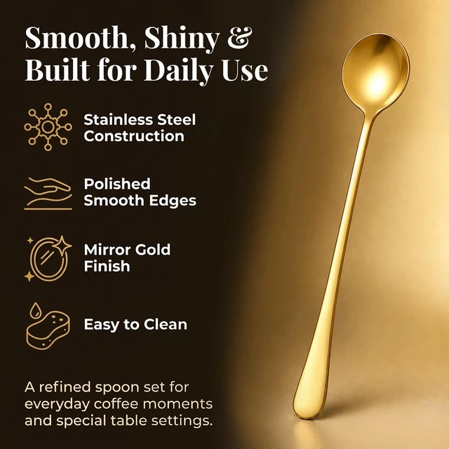 Alt view image 4 of 7 - Gold Espresso Spoons Set of 8, Long Handle Coffee Spoons for Coffee Bar | Stainless Steel Dessert Spoons, Gold Tea Spoons for Ice Cream, Yogurt, Demitasse | Mirror Polished Round Bowl Design