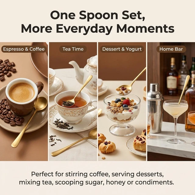 Alt view image 5 of 7 - Gold Espresso Spoons Set of 8, Long Handle Coffee Spoons for Coffee Bar | Stainless Steel Dessert Spoons, Gold Tea Spoons for Ice Cream, Yogurt, Demitasse | Mirror Polished Round Bowl Design