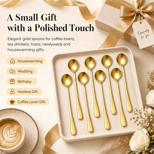 Alt view image 7 of 7 - Gold Espresso Spoons Set of 8, Long Handle Coffee Spoons for Coffee Bar | Stainless Steel Dessert Spoons, Gold Tea Spoons for Ice Cream, Yogurt, Demitasse | Mirror Polished Round Bowl Design