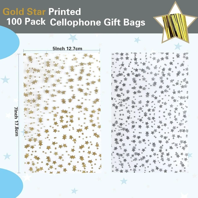 Alt view image 2 of 7 - 100 Pcs Star Printed 5"X 7" Gift Wrap Cello Cellophane Treat Bags Party Favor bags Clear Candy Cookie Bag Plastic Poly Goodie Storage Bag with Twist Ties for Bakery,Birthday Party Decorations (Gold)