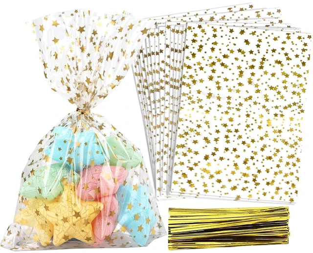Main image of 100 Pcs Star Printed 5"X 7" Gift Wrap Cello Cellophane Treat Bags Party Favor bags Clear Candy Cookie Bag Plastic Poly Goodie Storage Bag with Twist Ties for Bakery,Birthday Party Decorations (Gold)