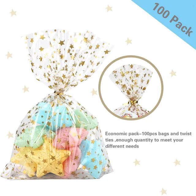Alt view image 3 of 7 - 100 Pcs Star Printed 5"X 7" Gift Wrap Cello Cellophane Treat Bags Party Favor bags Clear Candy Cookie Bag Plastic Poly Goodie Storage Bag with Twist Ties for Bakery,Birthday Party Decorations (Gold)