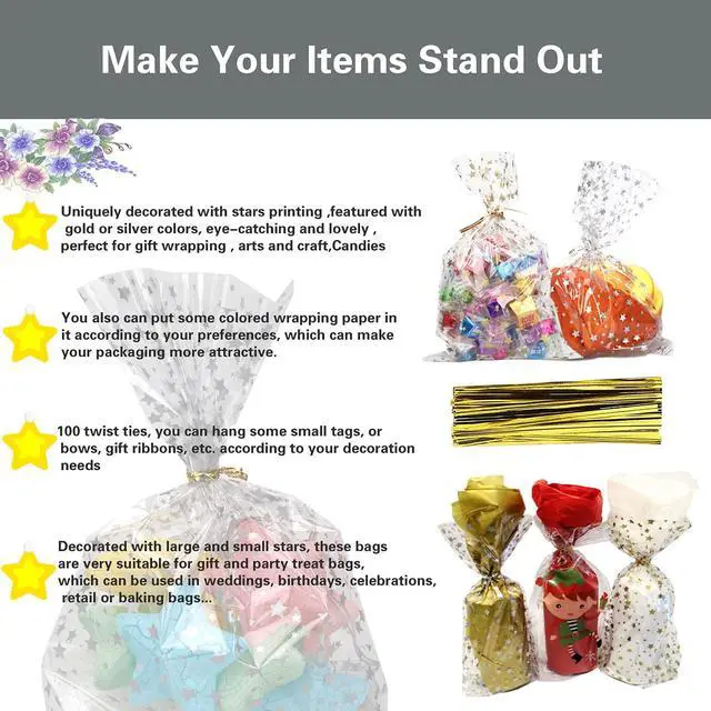 Alt view image 4 of 7 - 100 Pcs Star Printed 5"X 7" Gift Wrap Cello Cellophane Treat Bags Party Favor bags Clear Candy Cookie Bag Plastic Poly Goodie Storage Bag with Twist Ties for Bakery,Birthday Party Decorations (Gold)