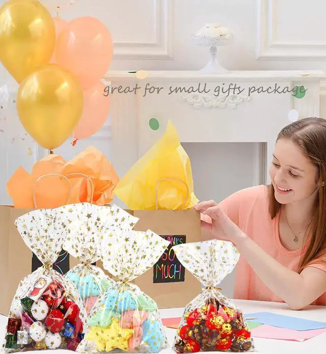 Alt view image 5 of 7 - 100 Pcs Star Printed 5"X 7" Gift Wrap Cello Cellophane Treat Bags Party Favor bags Clear Candy Cookie Bag Plastic Poly Goodie Storage Bag with Twist Ties for Bakery,Birthday Party Decorations (Gold)