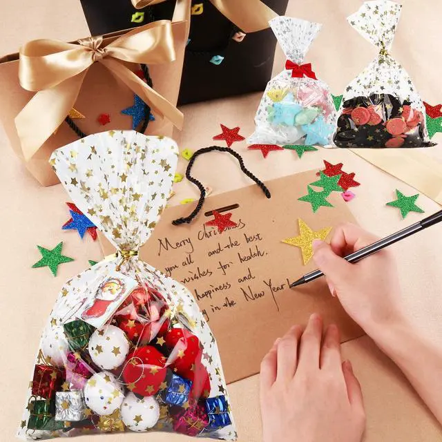Alt view image 7 of 7 - 100 Pcs Star Printed 5"X 7" Gift Wrap Cello Cellophane Treat Bags Party Favor bags Clear Candy Cookie Bag Plastic Poly Goodie Storage Bag with Twist Ties for Bakery,Birthday Party Decorations (Gold)