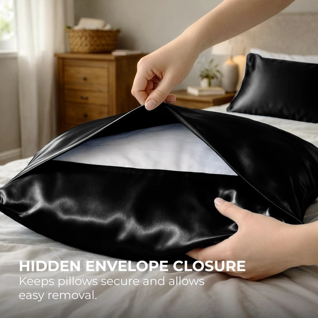 Alt view image 4 of 7 - Satin Pillowcase 2 Pack - Queen Size (20"x30", Black) - Silky Pillow Cases for Hair and Skin - Satin Pillow Covers with Envelope Closure - Extra Soft Premium Microfiber