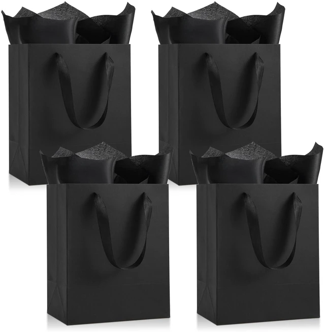 Main image of Black Small Gift Bags with Handles & Tissue Paper (8x10x5, 4 PCS) | 4 Gift Bags with 4 Tissue Paper, Idea for Men Women Birthday Party Wedding Anniversaries Business, Matte Cardboard Bags