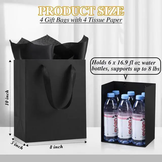 Alt view image 2 of 6 - Black Small Gift Bags with Handles & Tissue Paper (8x10x5, 4 PCS) | 4 Gift Bags with 4 Tissue Paper, Idea for Men Women Birthday Party Wedding Anniversaries Business, Matte Cardboard Bags