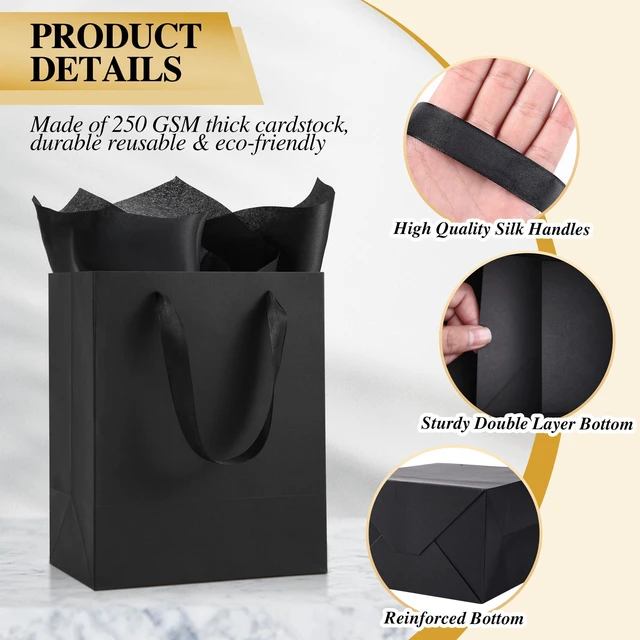 Alt view image 3 of 6 - Black Small Gift Bags with Handles & Tissue Paper (8x10x5, 4 PCS) | 4 Gift Bags with 4 Tissue Paper, Idea for Men Women Birthday Party Wedding Anniversaries Business, Matte Cardboard Bags