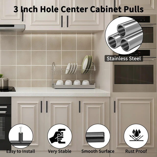 Alt view image 3 of 6 - 10 Pack 5 Inch Kitchen Cabinet Handles Matte Black Cabinet Pulls, Stainless Steel Drawer Pulls Cabinet Knobs for Kitchen Dresser Cupboard Bathroom Bedroom, 3 Inch Hole Center