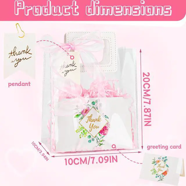 Alt view image 2 of 7 - Clear Gift Bags with Handles &Raffia Grass& Ribbon & Thank You Card | 1 Pack Transparent Reusable Bags Party Favor Bags with Thank You Greeting Cards for Birthday Wedding Bridal Baby Shower Party