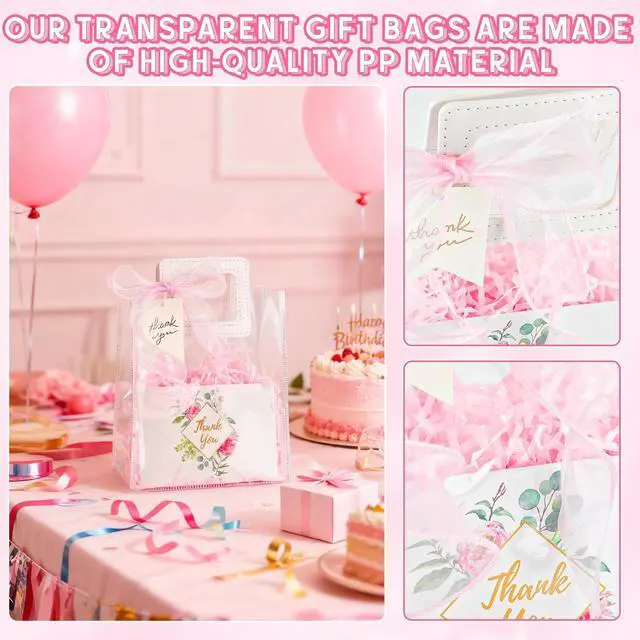 Alt view image 3 of 7 - Clear Gift Bags with Handles &Raffia Grass& Ribbon & Thank You Card | 1 Pack Transparent Reusable Bags Party Favor Bags with Thank You Greeting Cards for Birthday Wedding Bridal Baby Shower Party