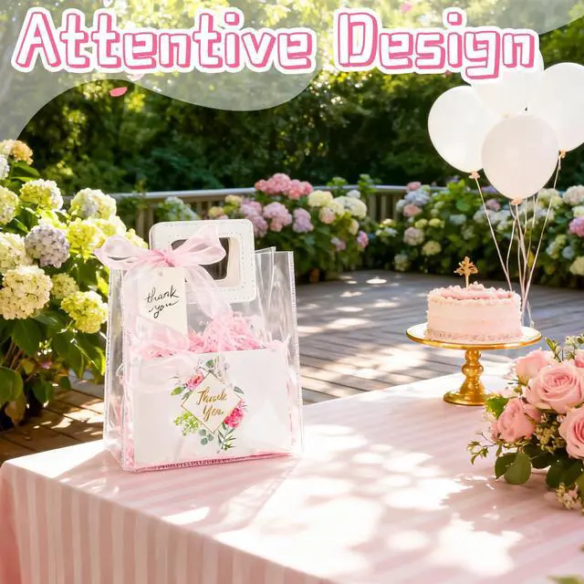 Alt view image 4 of 7 - Clear Gift Bags with Handles &Raffia Grass& Ribbon & Thank You Card | 1 Pack Transparent Reusable Bags Party Favor Bags with Thank You Greeting Cards for Birthday Wedding Bridal Baby Shower Party