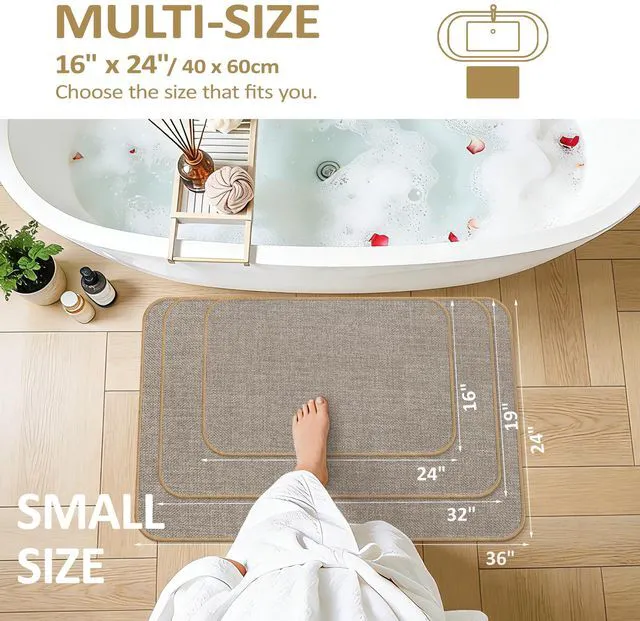 Alt view image 2 of 7 - Bathroom Rug Non Slip Bath Mat 24" x 16", Khaki | Ultra Thin, Quick Drying, Absorbent, Washable, Low-Profile, Crack-Resistant Edges, Comfortable Underfoot