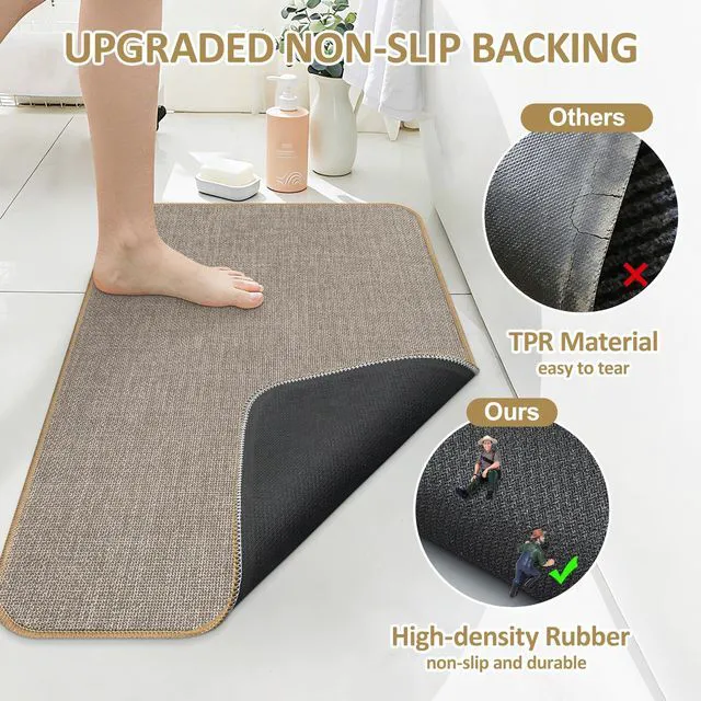 Alt view image 5 of 7 - Bathroom Rug Non Slip Bath Mat 24" x 16", Khaki | Ultra Thin, Quick Drying, Absorbent, Washable, Low-Profile, Crack-Resistant Edges, Comfortable Underfoot