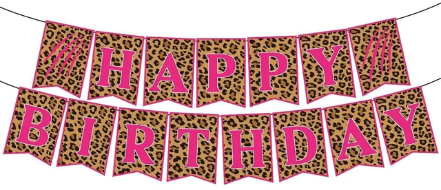 Main image of Cheetah Happy Birthday Banner Leopard Print Birthday Supplies Baby Shower Jungle Safari Girls Pink Birthday Party Decorations