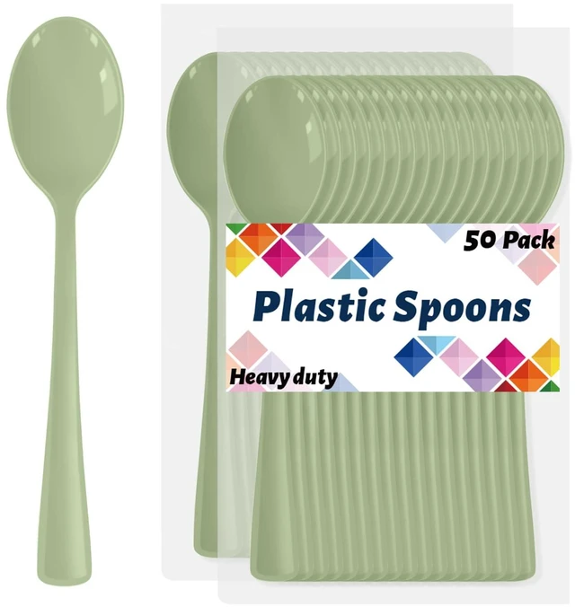 Main image of Sage Green Plastic Spoons Disposable, 50 Count - 6.8 Inch Heavy Duty Disposable Cutlery Utensils BPA-Free Solid for Party, Picnic, Catering, Daily Use & More (Sage Green)