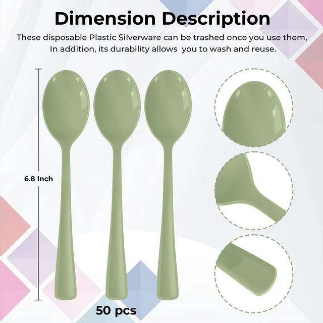 Alt view image 3 of 7 - Sage Green Plastic Spoons Disposable, 50 Count - 6.8 Inch Heavy Duty Disposable Cutlery Utensils BPA-Free Solid for Party, Picnic, Catering, Daily Use & More (Sage Green)
