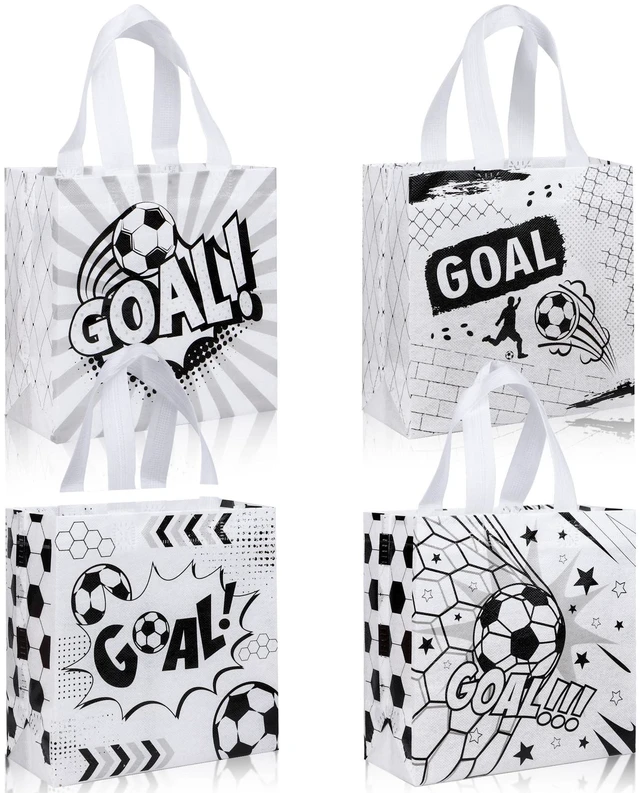 Main image of 12 Pack Soccer Goodie Bags with Handles - Reusable Non-Woven Soccer Snack Bags for Team, Football Gift Bag for Sports Birthday Party, Soccers Treat Bag & Party Favors - 4 Unique Designs