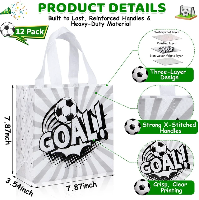 Alt view image 2 of 7 - 12 Pack Soccer Goodie Bags with Handles - Reusable Non-Woven Soccer Snack Bags for Team, Football Gift Bag for Sports Birthday Party, Soccers Treat Bag & Party Favors - 4 Unique Designs