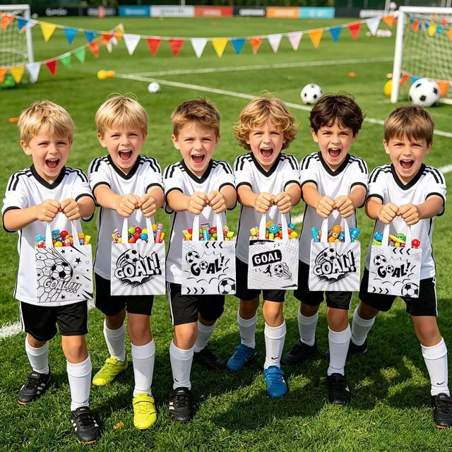 Alt view image 3 of 7 - 12 Pack Soccer Goodie Bags with Handles - Reusable Non-Woven Soccer Snack Bags for Team, Football Gift Bag for Sports Birthday Party, Soccers Treat Bag & Party Favors - 4 Unique Designs