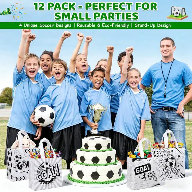 Alt view image 5 of 7 - 12 Pack Soccer Goodie Bags with Handles - Reusable Non-Woven Soccer Snack Bags for Team, Football Gift Bag for Sports Birthday Party, Soccers Treat Bag & Party Favors - 4 Unique Designs