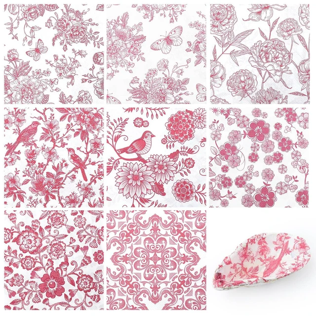 Main image of 16 Pcs 8 Styles Decoupage Napkins, Pink and White Floral Paper Napkins Chinoiserie Decorative Cocktail Napkin Pretty Printed Cocktail Paper for DIY Crafting Furniture Decor Birthday Party Baby Shower
