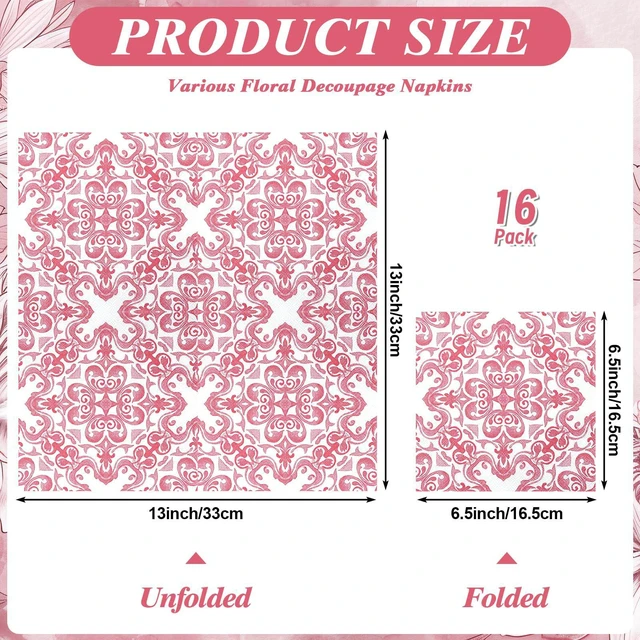 Alt view image 2 of 7 - 16 Pcs 8 Styles Decoupage Napkins, Pink and White Floral Paper Napkins Chinoiserie Decorative Cocktail Napkin Pretty Printed Cocktail Paper for DIY Crafting Furniture Decor Birthday Party Baby Shower