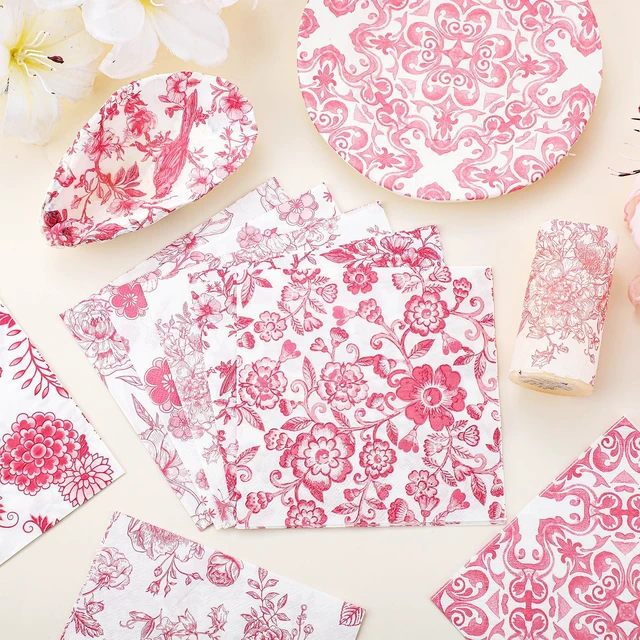 Alt view image 3 of 7 - 16 Pcs 8 Styles Decoupage Napkins, Pink and White Floral Paper Napkins Chinoiserie Decorative Cocktail Napkin Pretty Printed Cocktail Paper for DIY Crafting Furniture Decor Birthday Party Baby Shower